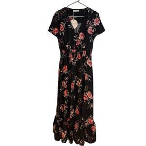 Rusttydustty Floral Boho Maxi Dress‎ Black Button Front XL Cottagecore Romantic